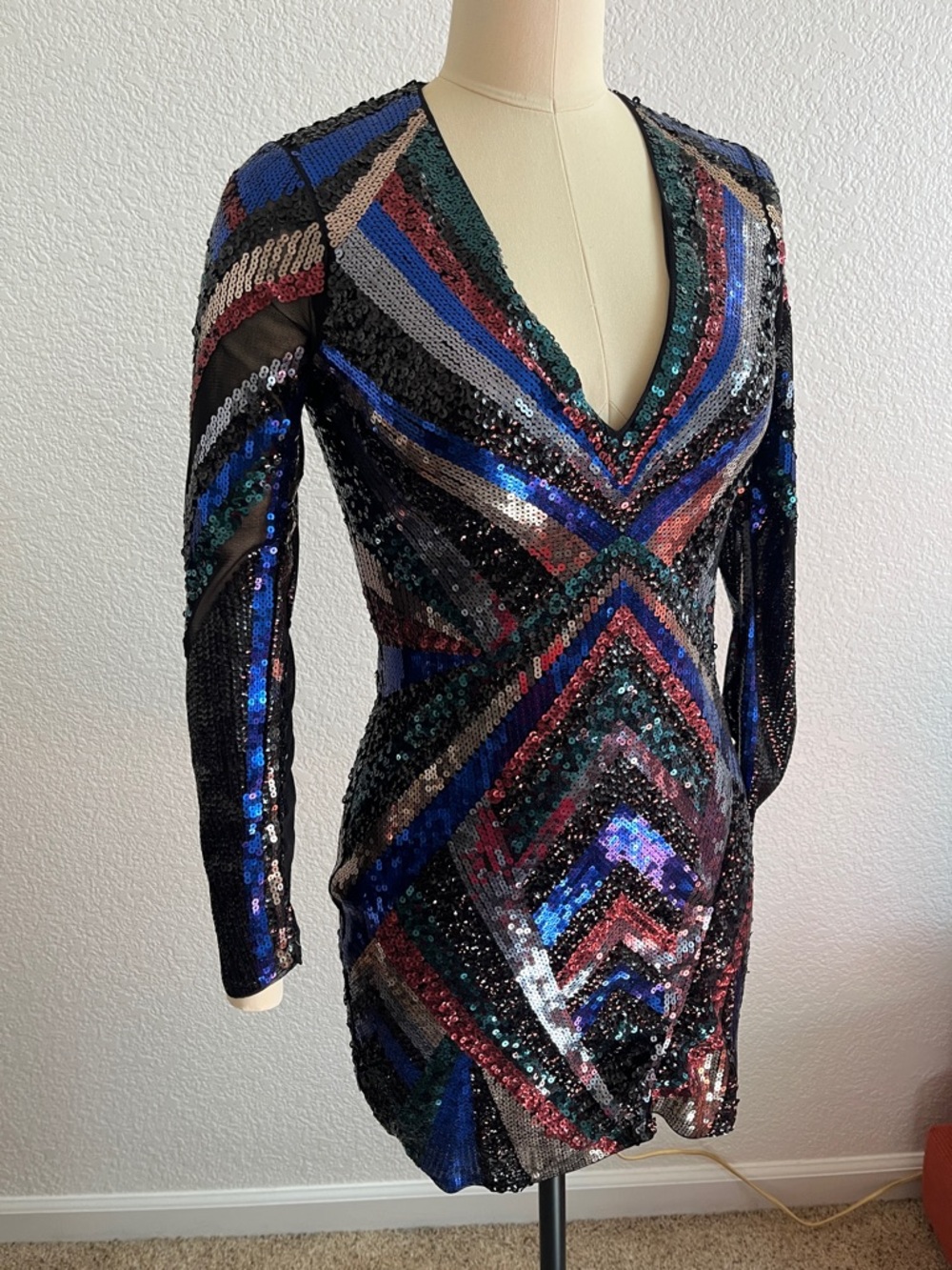 Express Black Multicolor Sequin V-Neck Mini Dress